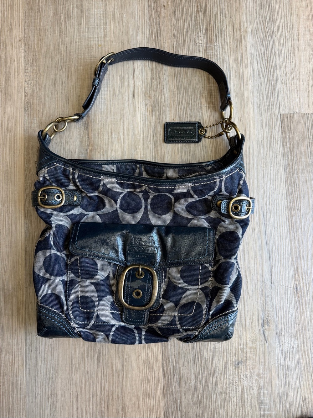 Coach denim bleeker Signature Print Shoulder Bag in Navy